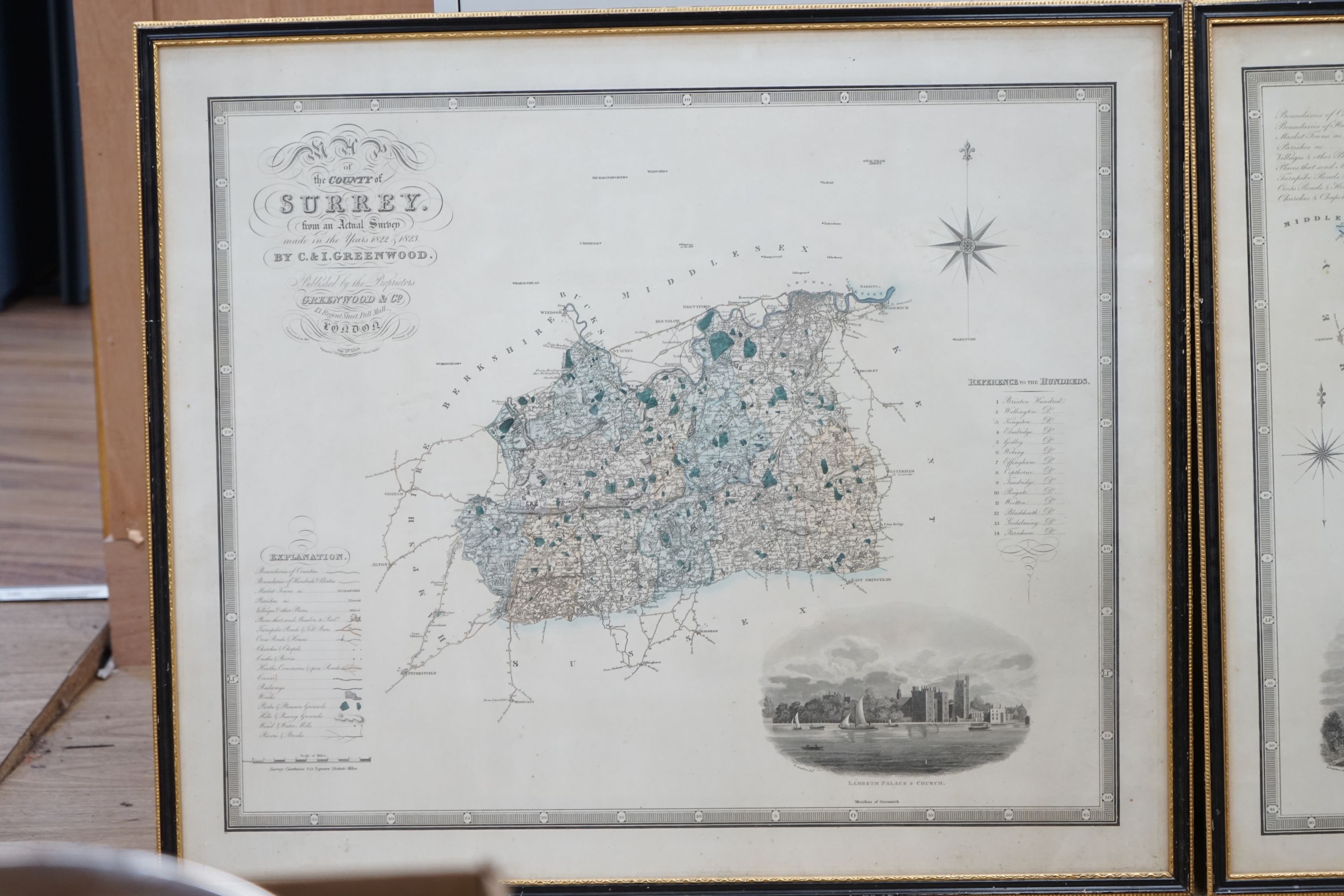 Greenwood & Co, pair of hand coloured engravings, Maps of the Counties of Surrey and Kent, c.1820, 64 x 75cm